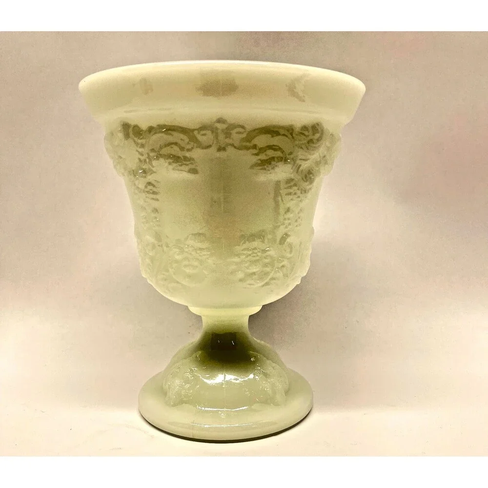 Vintage E.O. Brody M4300 Milk Glass Pedestal Vase Planter 7” Grape Scroll USA